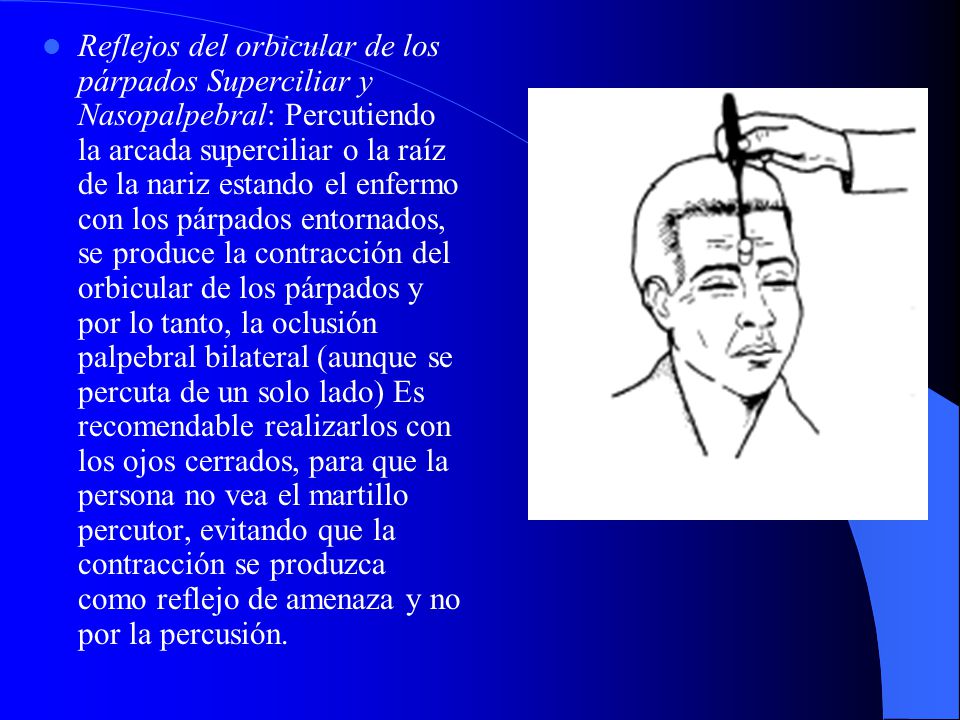 Reflejos del orbicular de los párpados Superciliar y Nasopalpebral: Percutiendo la arcada superciliar o la raíz de la nariz estando el enfermo con los párpados entornados, se produce la contracción del orbicular de los párpados y por lo tanto, la oclusión palpebral bilateral (aunque se percuta de un solo lado) Es recomendable realizarlos con los ojos cerrados, para que la persona no vea el martillo percutor, evitando que la contracción se produzca como reflejo de amenaza y no por la percusión.