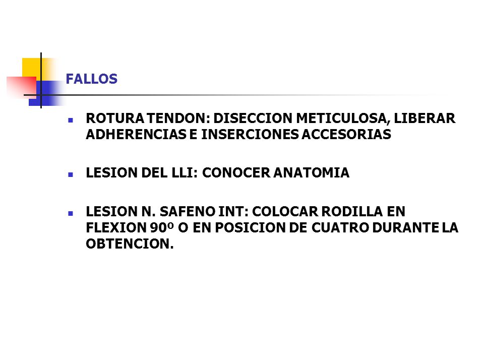 FALLOS ROTURA TENDON: DISECCION METICULOSA, LIBERAR ADHERENCIAS E INSERCIONES ACCESORIAS. LESION DEL LLI: CONOCER ANATOMIA.