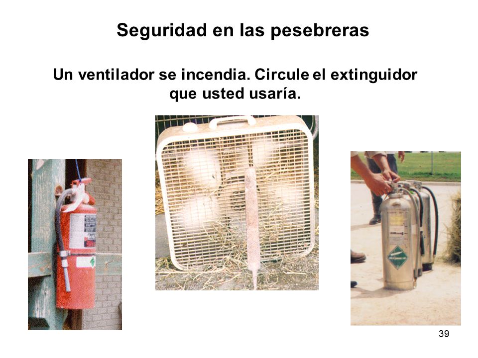 Un ventilador se incendia. Circule el extinguidor que usted usaría.