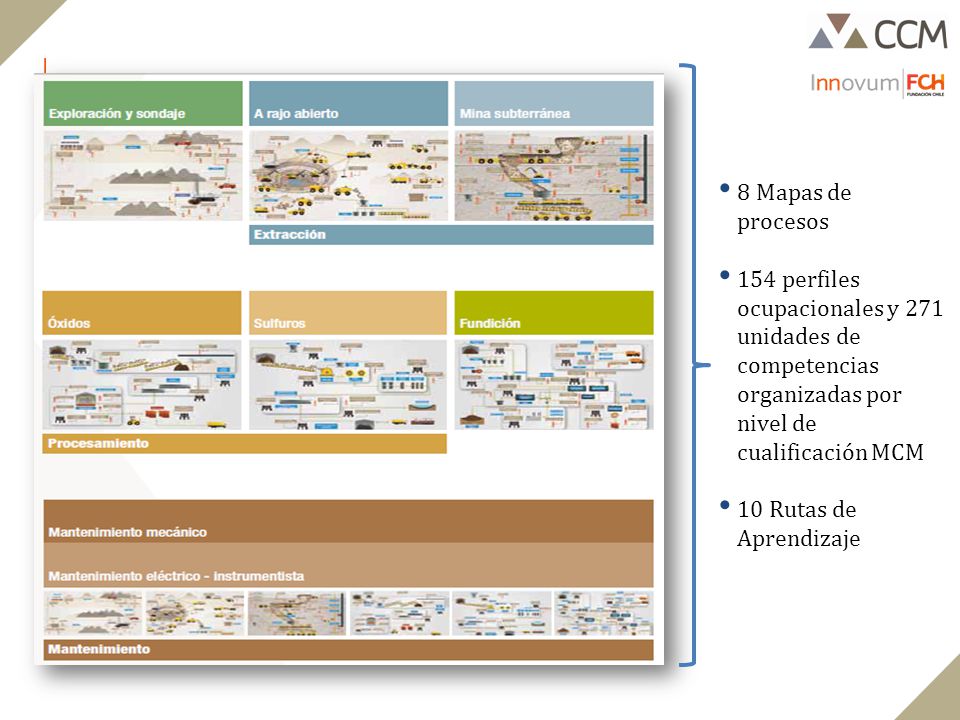 8 Mapas de procesos 154 perfiles ocupacionales y 271 unidades de competencias organizadas por nivel de cualificación MCM.
