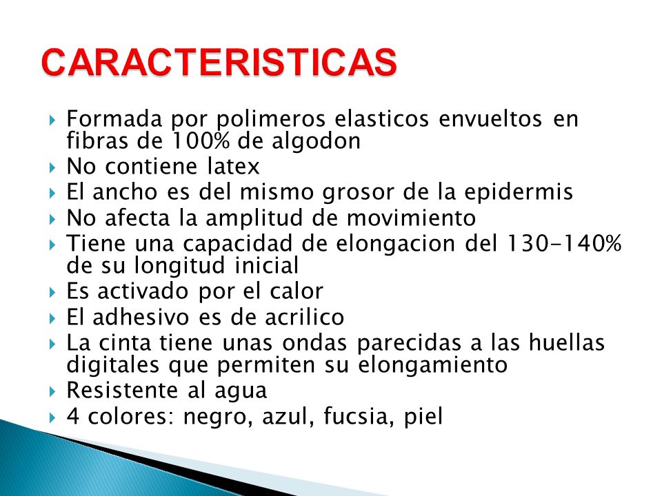 CARACTERISTICAS Formada por polimeros elasticos envueltos en fibras de 100% de algodon. No contiene latex.