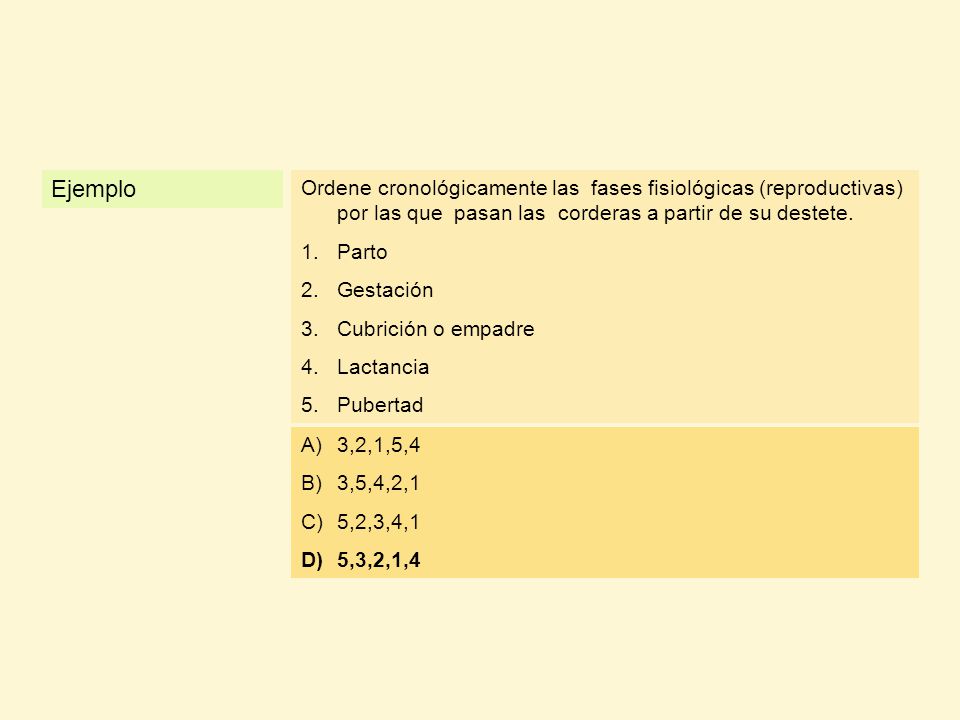 Ejemplo Ordene cronológicamente las fases fisiológicas (reproductivas) por las que pasan las corderas a partir de su destete.