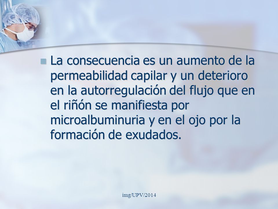 La consecuencia es un aumento de la permeabilidad capilar y un deterioro en la autorregulación del flujo que en el riñón se manifiesta por microalbuminuria y en el ojo por la formación de exudados.