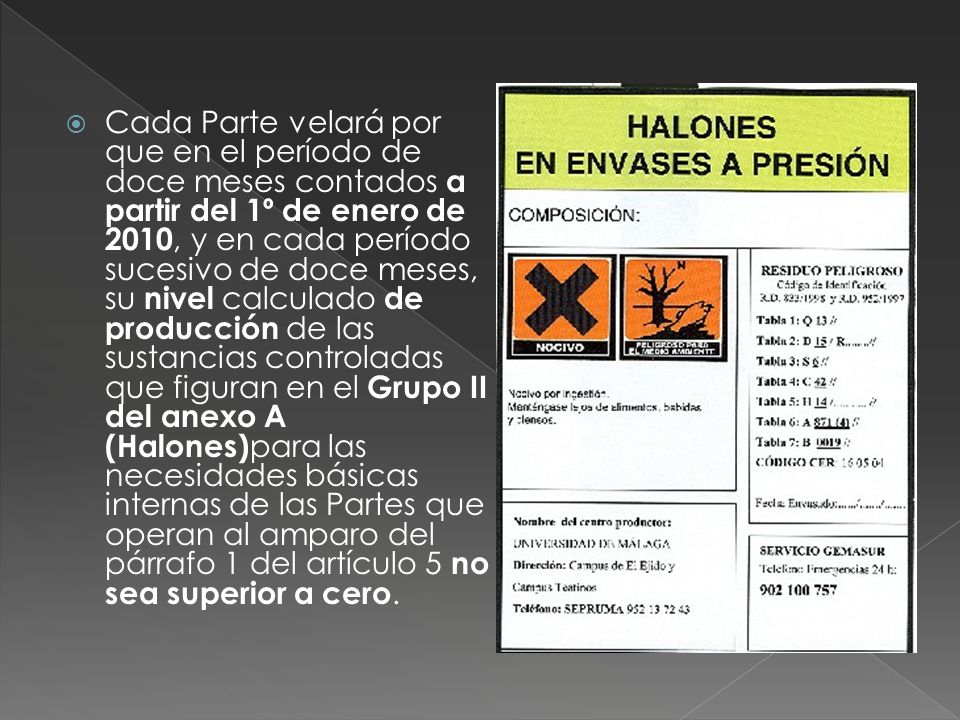 Cada Parte velará por que en el período de doce meses contados a partir del 1º de enero de 2010, y en cada período sucesivo de doce meses, su nivel calculado de producción de las sustancias controladas que figuran en el Grupo II del anexo A (Halones)para las necesidades básicas internas de las Partes que operan al amparo del párrafo 1 del artículo 5 no sea superior a cero.