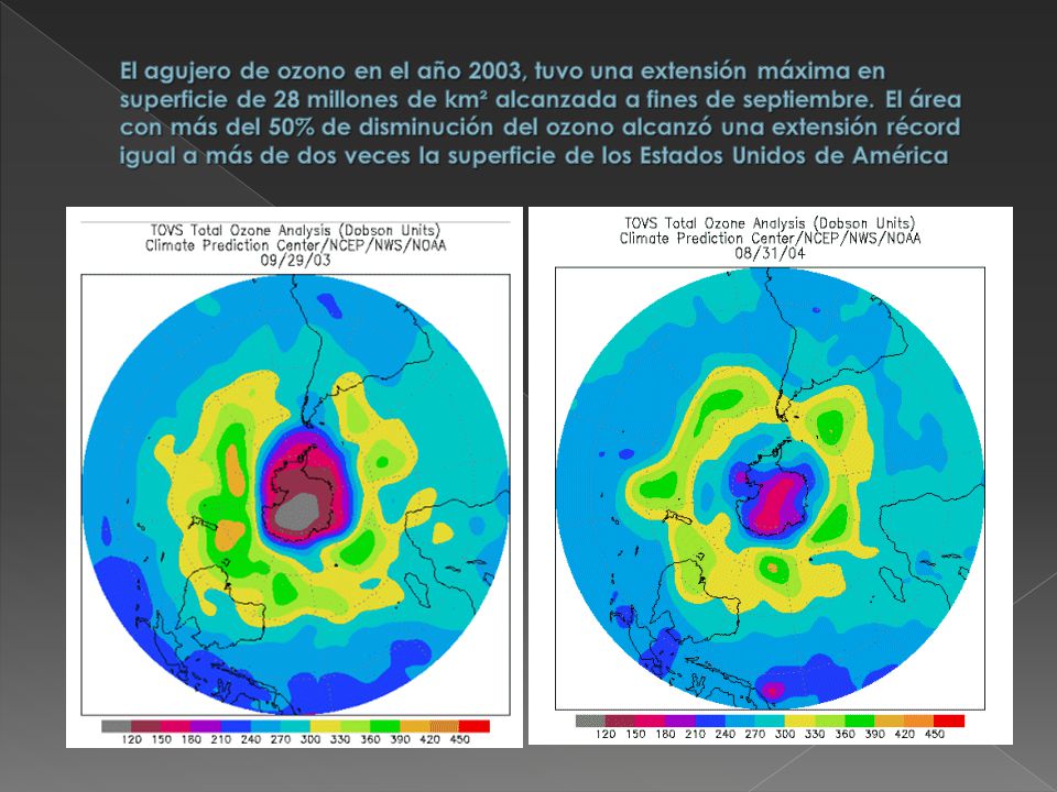 El agujero de ozono en el año 2003, tuvo una extensión máxima en superficie de 28 millones de km² alcanzada a fines de septiembre.