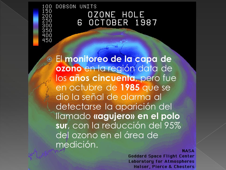 El monitoreo de la capa de ozono en la región data de los años cincuenta, pero fue en octubre de 1985 que se dio la señal de alarma al detectarse la aparición del llamado «agujero» en el polo sur, con la reducción del 95% del ozono en el área de medición.