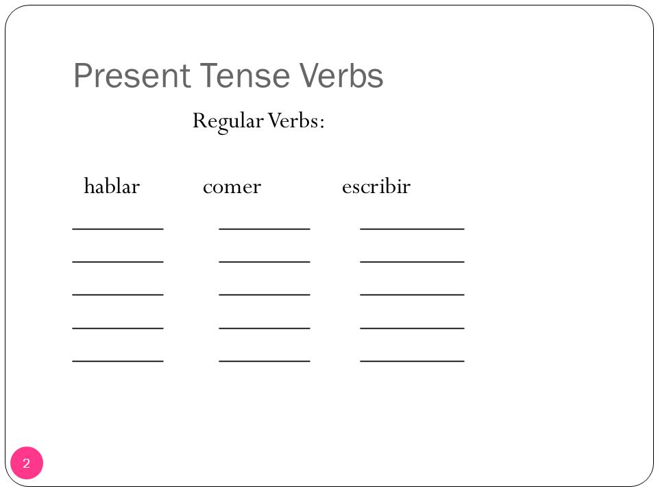 Present Tense Verbs Regular Verbs: hablar comer escribir _______ _______ ________