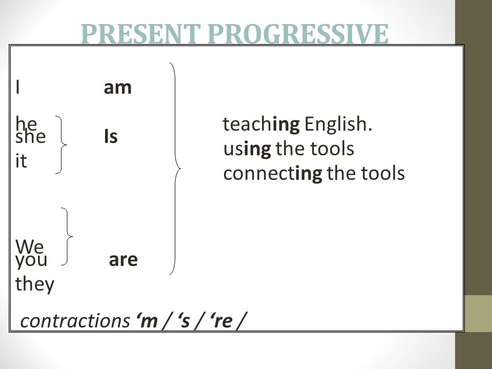 PRESENT PROGRESSIVE I am he teaching English. she Is using the tools