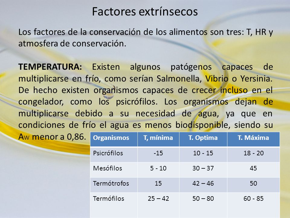 Factores extrínsecos Los factores de la conservación de los alimentos son tres: T, HR y atmosfera de conservación.