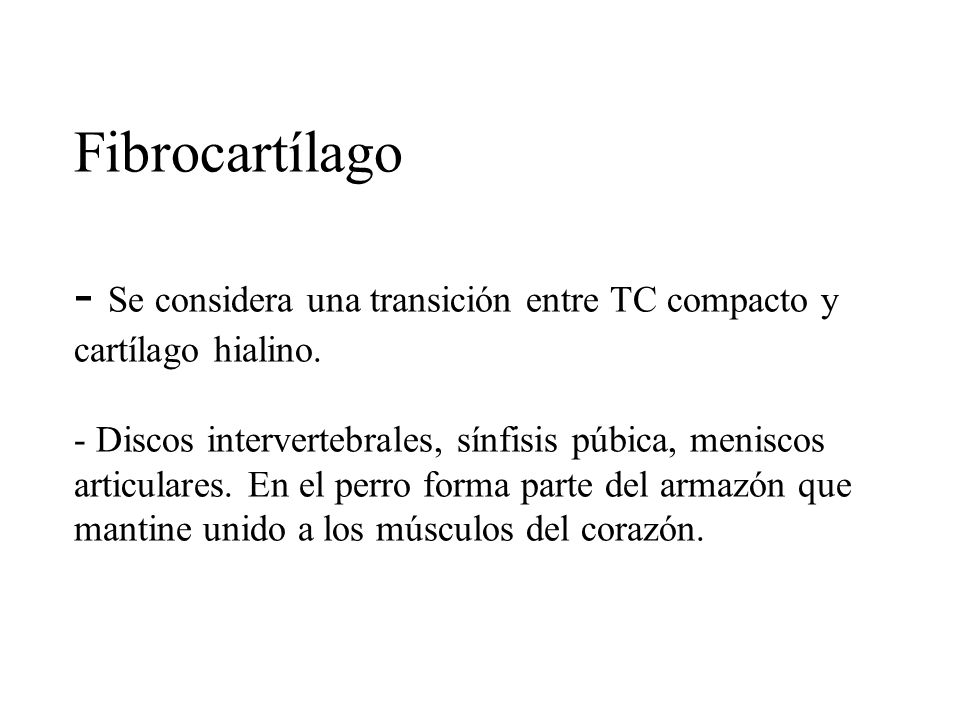 Fibrocartílago - Se considera una transición entre TC compacto y cartílago hialino.