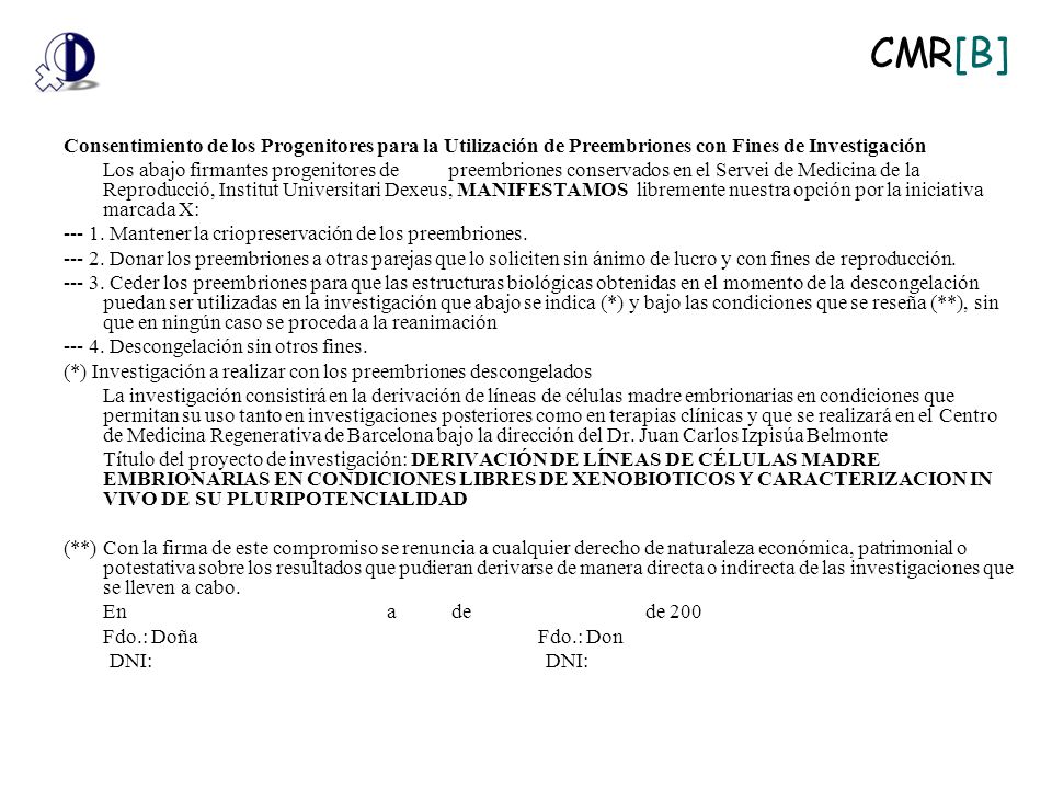 Consentimiento de los Progenitores para la Utilización de Preembriones con Fines de Investigación