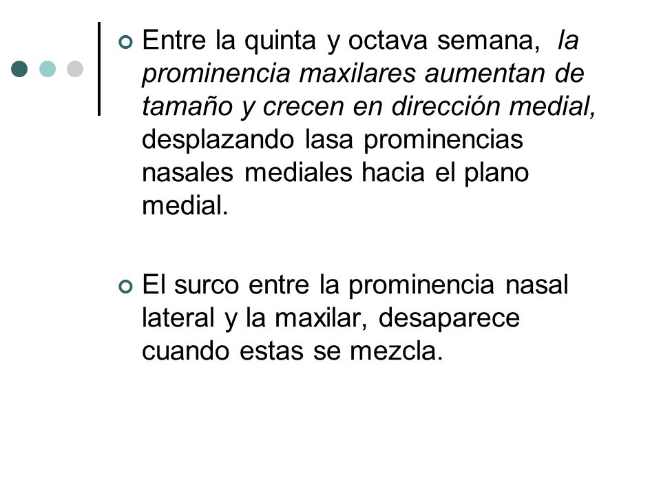 Entre la quinta y octava semana, la prominencia maxilares aumentan de tamaño y crecen en dirección medial, desplazando lasa prominencias nasales mediales hacia el plano medial.