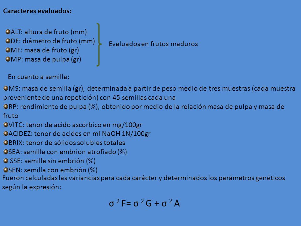 σ 2 F= σ 2 G + σ 2 A Caracteres evaluados: ALT: altura de fruto (mm)