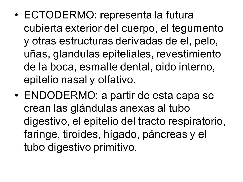 ECTODERMO: representa la futura cubierta exterior del cuerpo, el tegumento y otras estructuras derivadas de el, pelo, uñas, glandulas epiteliales, revestimiento de la boca, esmalte dental, oido interno, epitelio nasal y olfativo.