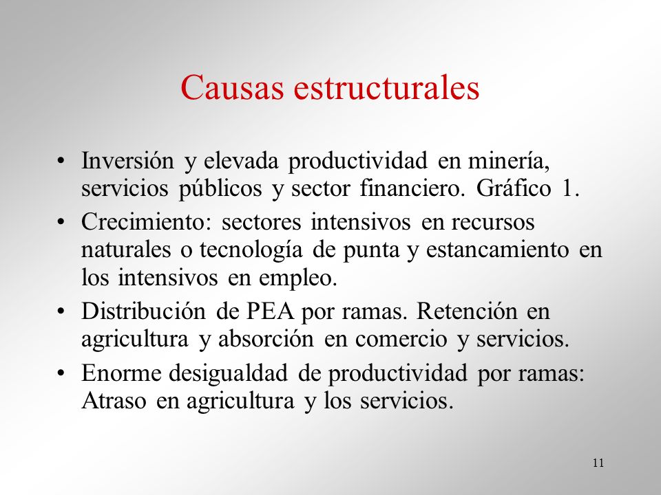 Causas estructurales Inversión y elevada productividad en minería, servicios públicos y sector financiero. Gráfico 1.