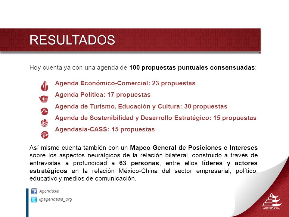 RESULTADOS Hoy cuenta ya con una agenda de 100 propuestas puntuales consensuadas: Agenda Económico-Comercial: 23 propuestas.