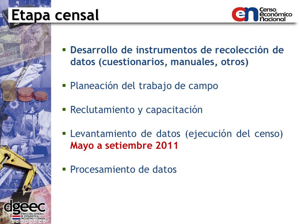 Etapa censal Desarrollo de instrumentos de recolección de datos (cuestionarios, manuales, otros) Planeación del trabajo de campo.