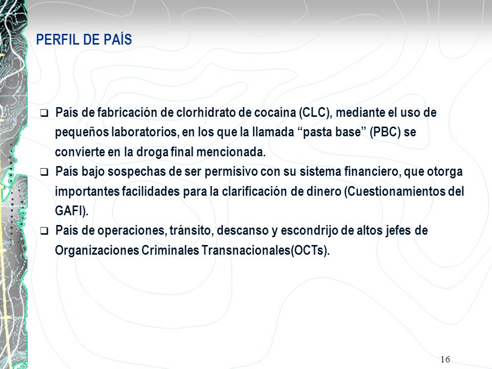 PERFIL DE PAÍS País de fabricación de clorhidrato de cocaína (CLC), mediante el uso de.