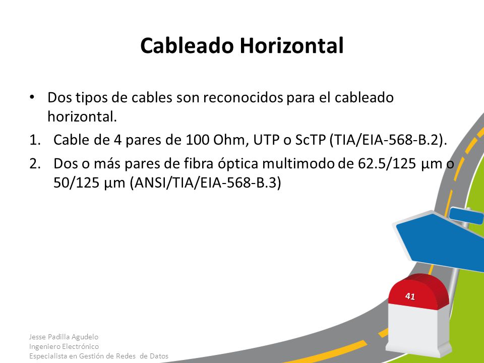 Cableado Horizontal Dos tipos de cables son reconocidos para el cableado horizontal. Cable de 4 pares de 100 Ohm, UTP o ScTP (TIA/EIA-568-B.2).