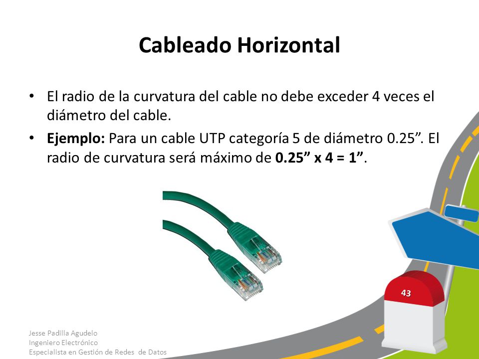 Cableado Horizontal El radio de la curvatura del cable no debe exceder 4 veces el diámetro del cable.