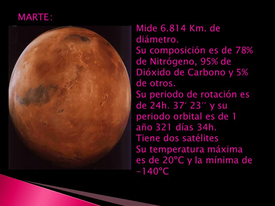 MARTE:: Mide Km. de diámetro. Su composición es de 78% de Nitrógeno, 95% de Dióxido de Carbono y 5% de otros.