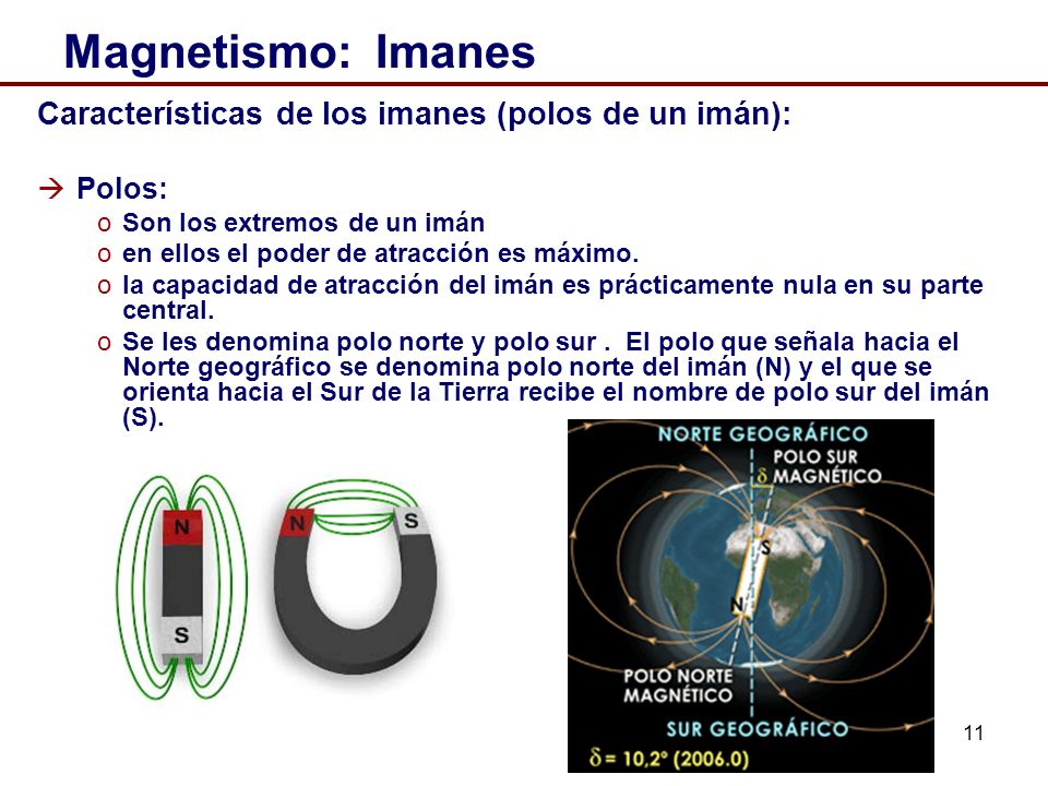 Magnetismo: Imanes Características de los imanes (polos de un imán):