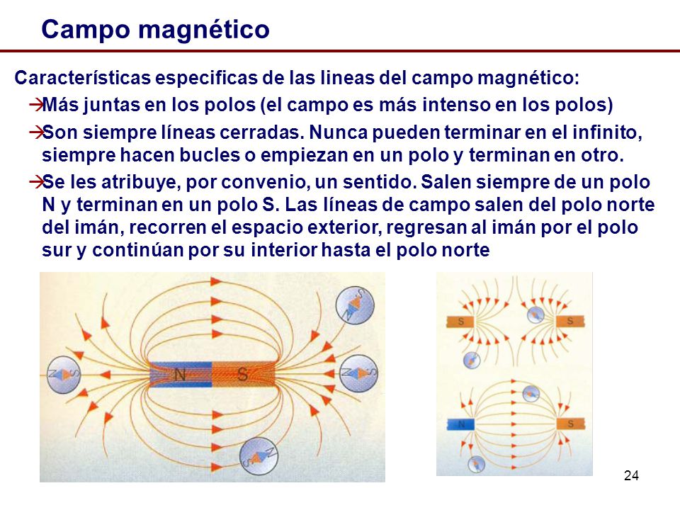Campo magnético Características especificas de las lineas del campo magnético: Más juntas en los polos (el campo es más intenso en los polos)