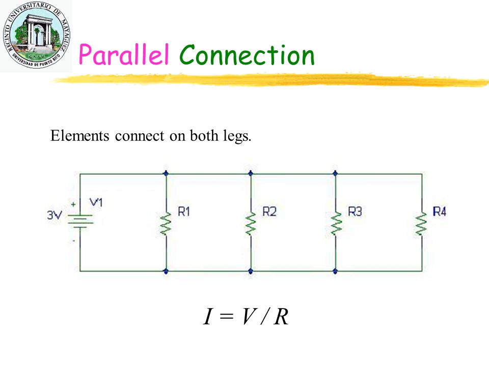 Parallel Connection I = V / R Elements connect on both legs. *