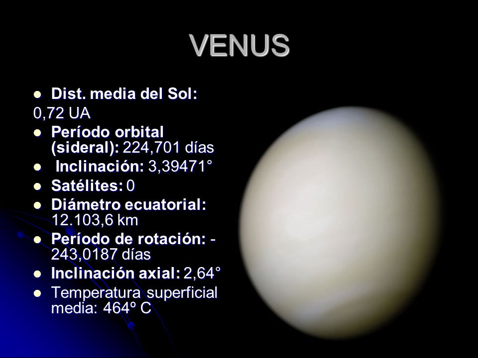VENUS Dist. media del Sol: 0,72 UA