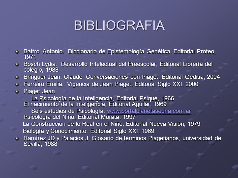 BIBLIOGRAFIA Battro Antonio. Diccionario de Epistemología Genética, Editorial Proteo,