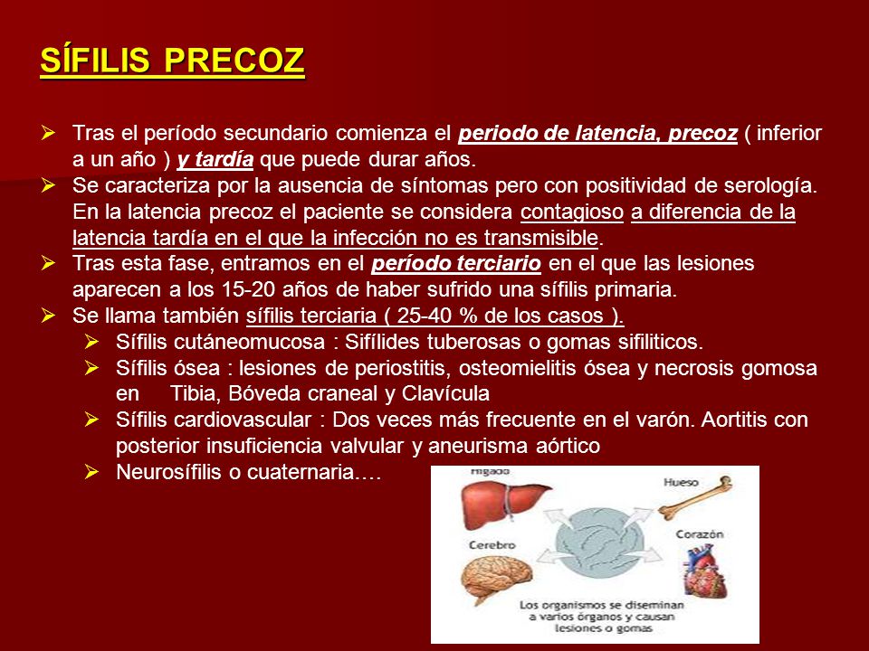 SÍFILIS PRECOZ Tras el período secundario comienza el periodo de latencia, precoz ( inferior a un año ) y tardía que puede durar años.