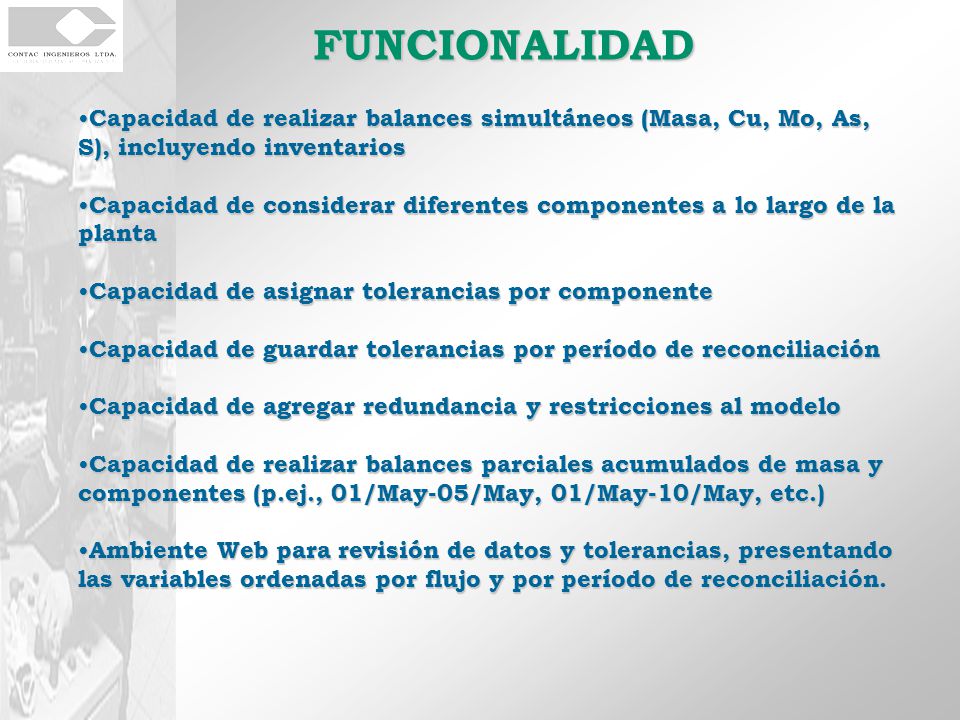 FUNCIONALIDAD Capacidad de realizar balances simultáneos (Masa, Cu, Mo, As, S), incluyendo inventarios.