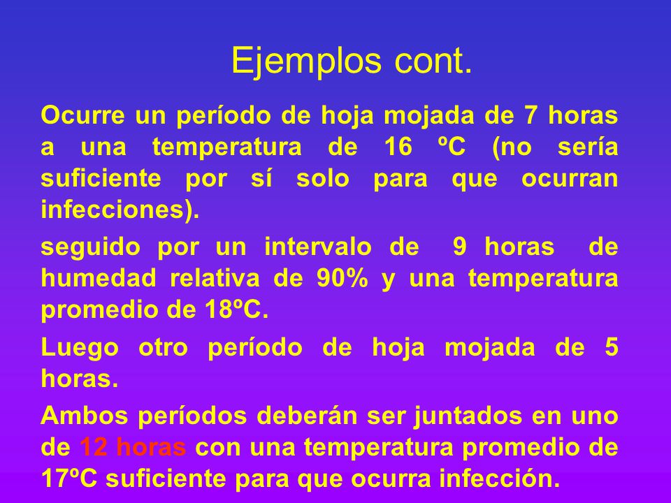 Ejemplos cont. Ocurre un período de hoja mojada de 7 horas a una temperatura de 16 ºC (no sería suficiente por sí solo para que ocurran infecciones).
