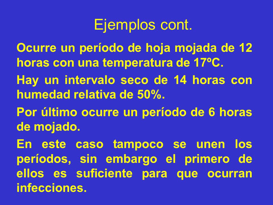 Ejemplos cont. Ocurre un período de hoja mojada de 12 horas con una temperatura de 17ºC.
