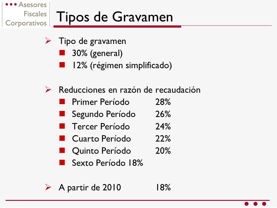 Tipos de Gravamen Tipo de gravamen 30% (general)