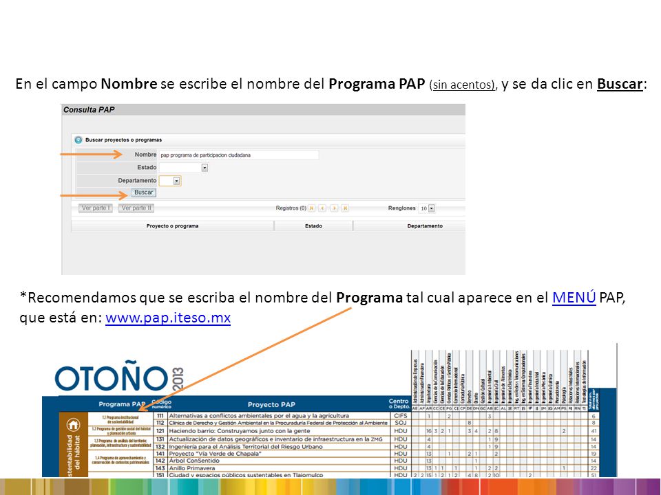 En el campo Nombre se escribe el nombre del Programa PAP (sin acentos), y se da clic en Buscar: