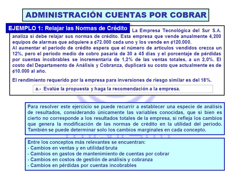 Para resolver este ejercicio se puede recurrir a establecer una especie de análisis de resultados, considerando únicamente las variables conocidas, que si bien es cierto no corresponde a los resultados totales de la empresa, si refleja los cambios que genera la modificación de las normas de crédito en la utilidad del periodo. También se puede determinar solo los cambios marginales en cada concepto.