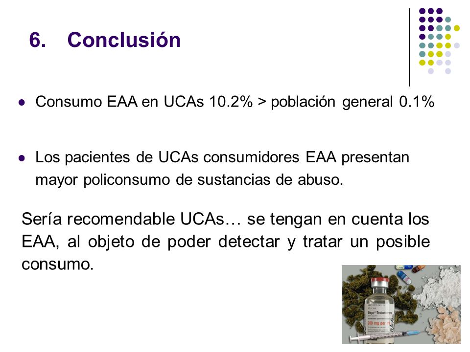Conclusión Consumo EAA en UCAs 10.2% > población general 0.1%
