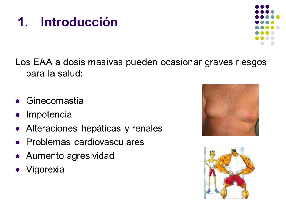 Introducción Los EAA a dosis masivas pueden ocasionar graves riesgos para la salud: Ginecomastia. Impotencia.