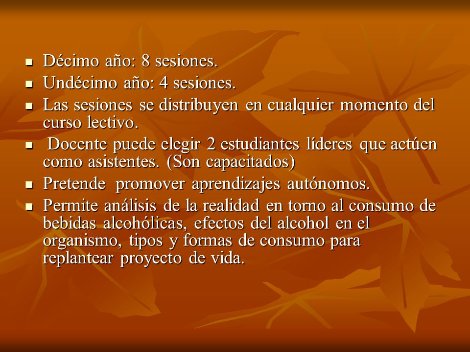 Décimo año: 8 sesiones. Undécimo año: 4 sesiones. Las sesiones se distribuyen en cualquier momento del curso lectivo.