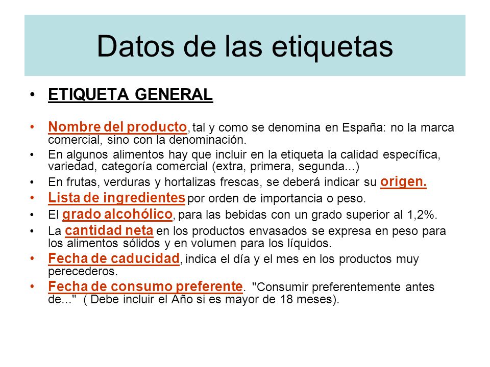 Datos de las etiquetas ETIQUETA GENERAL