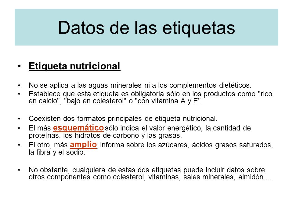 Datos de las etiquetas Etiqueta nutricional
