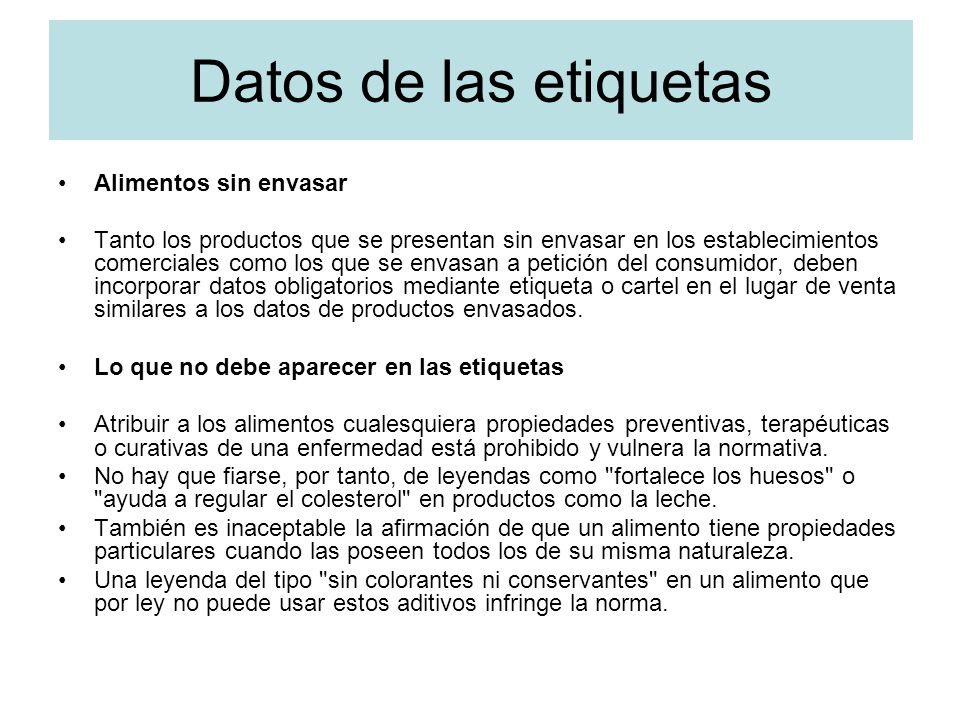 Datos de las etiquetas Alimentos sin envasar