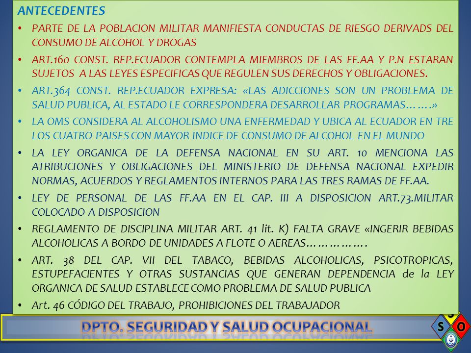 ANTECEDENTES PARTE DE LA POBLACION MILITAR MANIFIESTA CONDUCTAS DE RIESGO DERIVADS DEL CONSUMO DE ALCOHOL Y DROGAS.