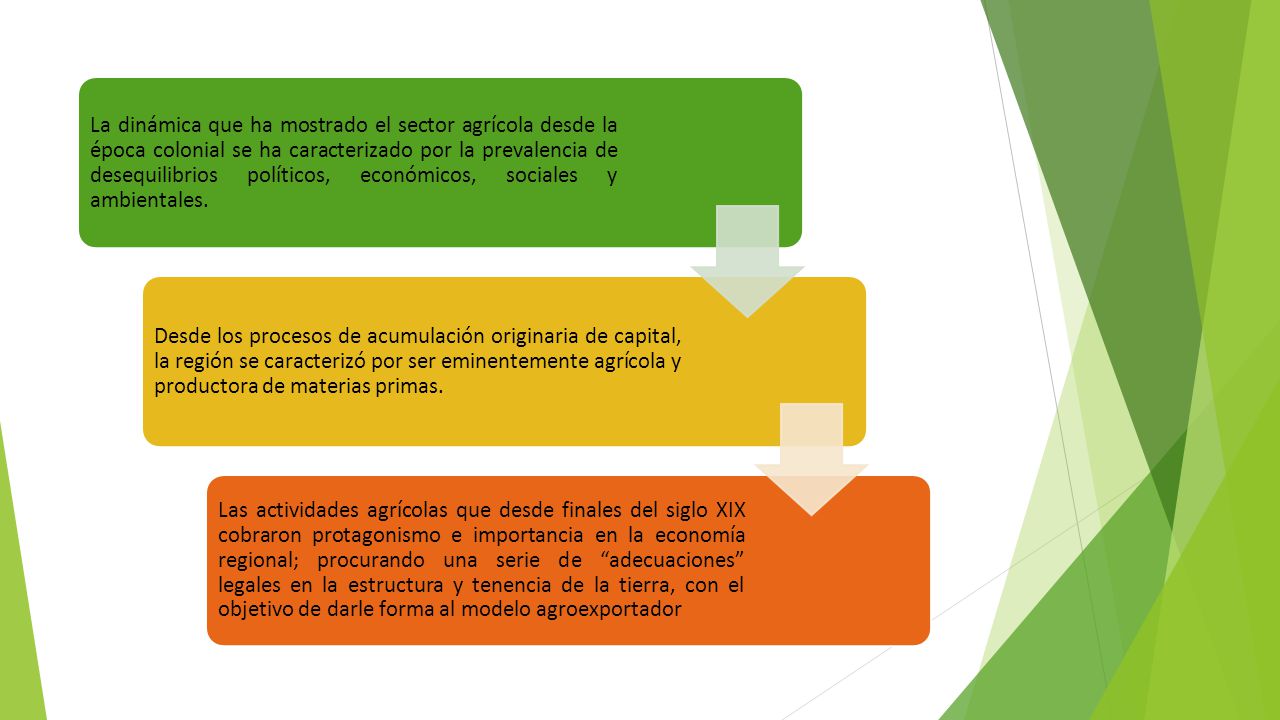 La dinámica que ha mostrado el sector agrícola desde la época colonial se ha caracterizado por la prevalencia de desequilibrios políticos, económicos, sociales y ambientales.