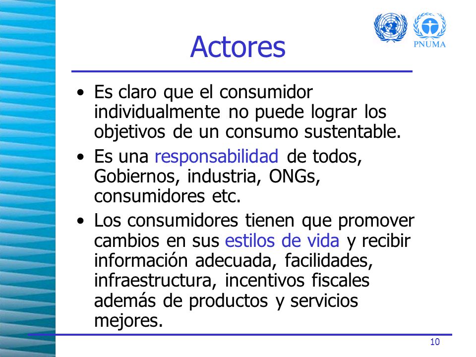 Actores Es claro que el consumidor individualmente no puede lograr los objetivos de un consumo sustentable.
