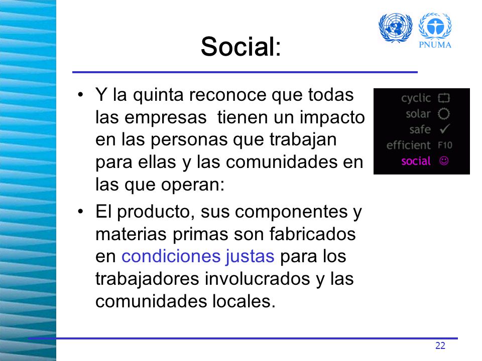 Social: Y la quinta reconoce que todas las empresas tienen un impacto en las personas que trabajan para ellas y las comunidades en las que operan: