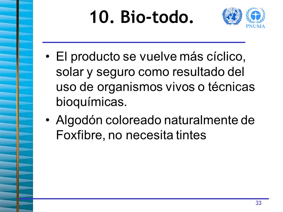 10. Bio-todo. El producto se vuelve más cíclico, solar y seguro como resultado del uso de organismos vivos o técnicas bioquímicas.