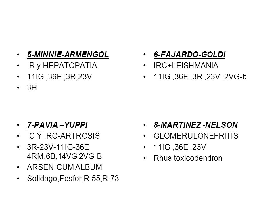 5-MINNIE-ARMENGOL IR y HEPATOPATIA. 11IG ,36E ,3R,23V. 3H. 6-FAJARDO-GOLDI. IRC+LEISHMANIA. 11IG ,36E ,3R ,23V .2VG-b.