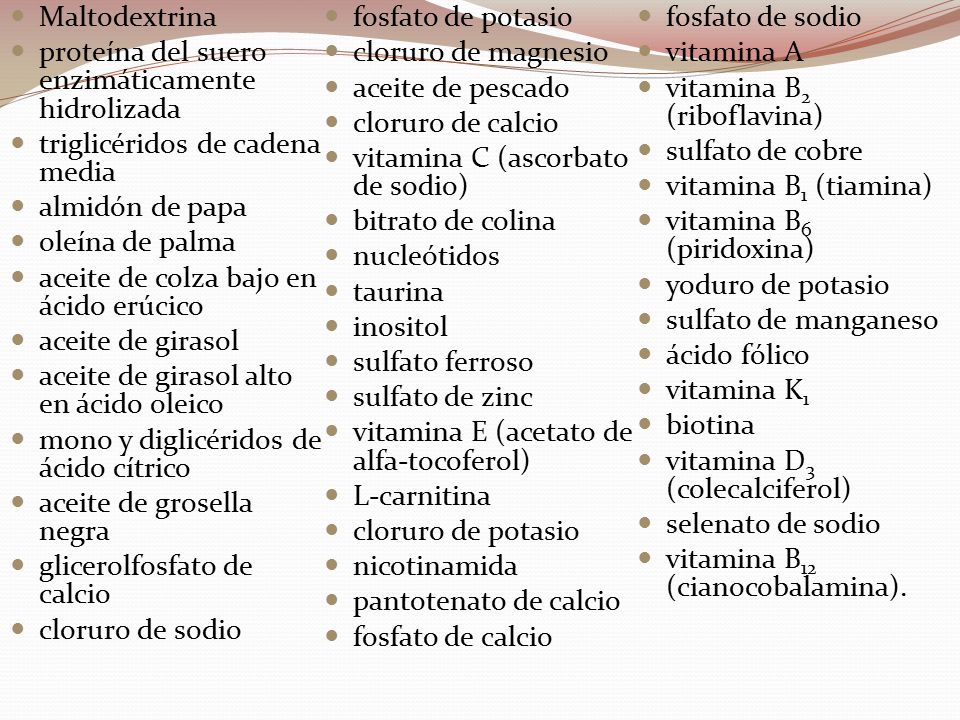 Maltodextrina fosfato de potasio. fosfato de sodio. proteína del suero enzimáticamente hidrolizada.